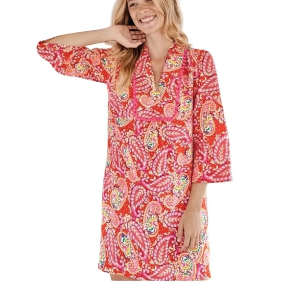 Boden Evangeline Linen Tunic Dress in Red Pop Mexican Paisley Size 4 petite - Picture 4 of 16